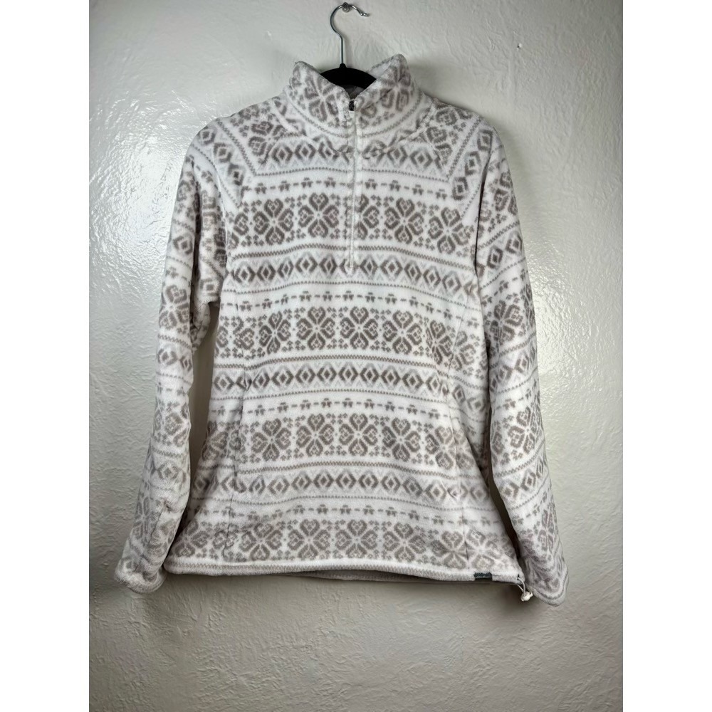 Eddie Bauer Fleece Pullover White Gray Large Fair Isle Quarter Zip Cabin Nordic